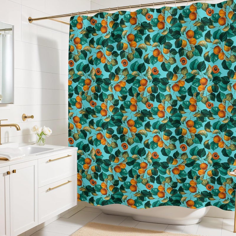 Worthwhile Goods Teal Apricot Leaf Print Shower Curtain - Colorful Botanical Fruit Floral Pattern - Modern Home Decor - Bold Colorful Hotel Style Fabric Shower Curtain For Any Bathroom - 72x72 Inches (Apricot) - Image 1